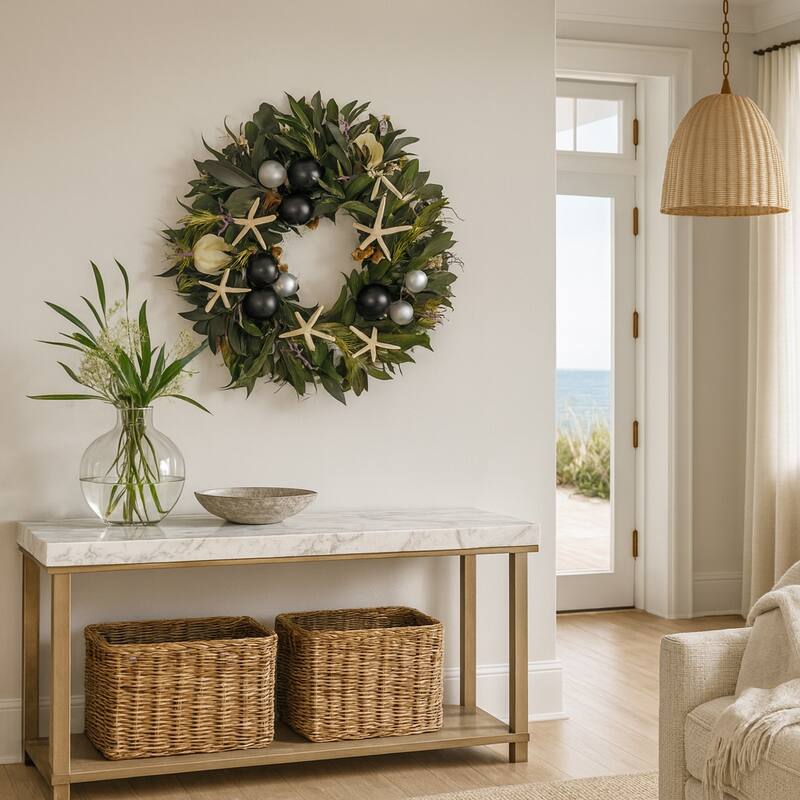 20" Coastal Holiday Preserved Floral & Starfish Mixed Wreath