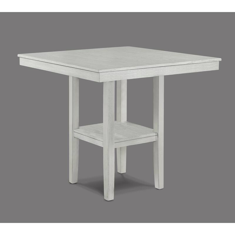Rustic Farmhouse 5-Pc Counter Height Dining Set Square Table Wood Top Bottom Display Shelf Linen Look Fabric Upholstery - White