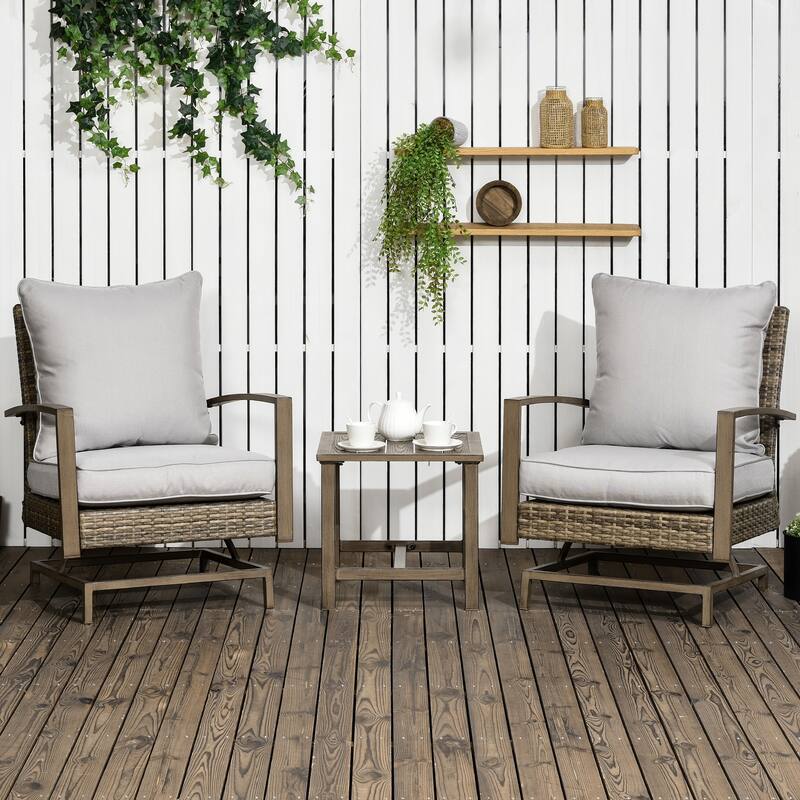 Outsunny 3-Piece Patio Bistro Set, PE Rattan Wicker Outdoor Furniture with Soft Cushions, 2 Rocking Chairs