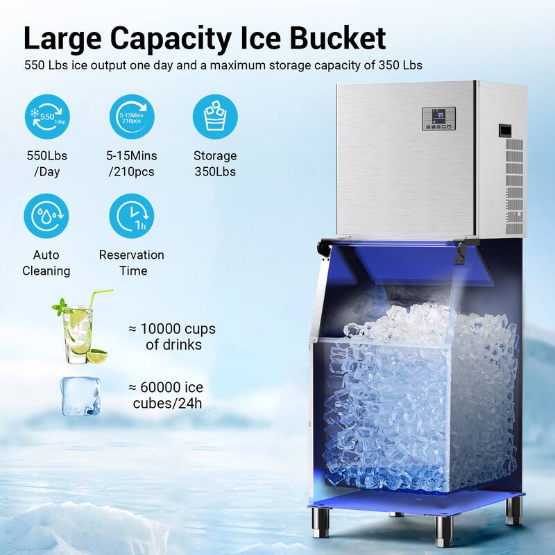 Ice Maker Commercial Ice Machine Stainless Steel Commercial Ice Maker Large Capacity Self-Cleaning - 550LBS/24H