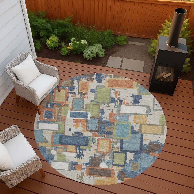 Machine Washable Indoor/ Outdoor Contemporary Geo Chantille Rug - Denim - 8' x 8'