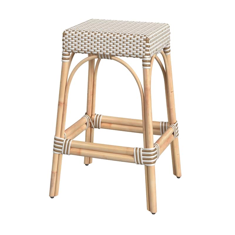 Robias Rectangular Rattan 30" Bar Stool - White/Tan Dot / Natural Rattan Frame