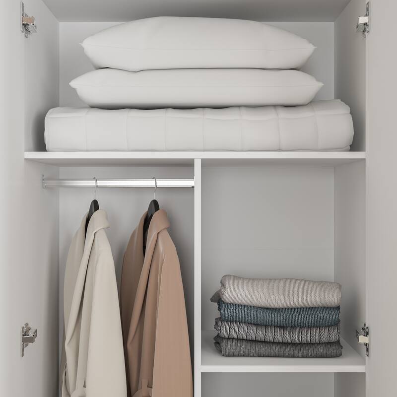 Wooden 2 Drawers 4 Doors Wardrobe Armoire With Mirror (Gray/Black) - 63"Wx70.9"Hx18.9"D - White