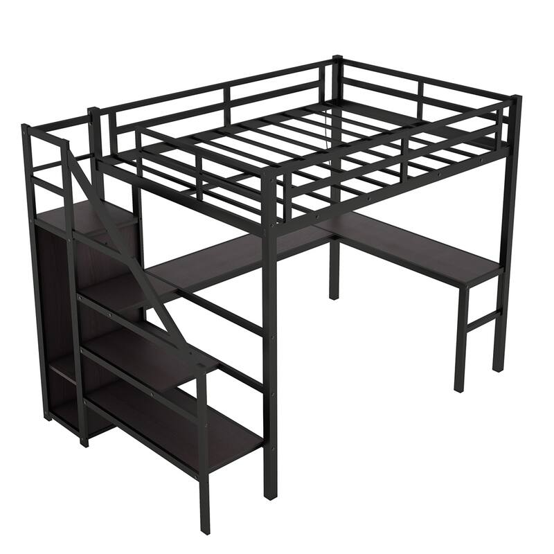Full XL Size Loft Bed w/L-shaped Desk & USB,Metal Loft Bed w/Wardrobe