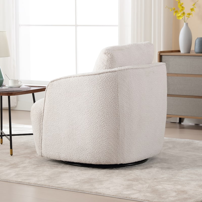 Boucle Fabric Upholstered Swivel Barrel Armchair With Pillow