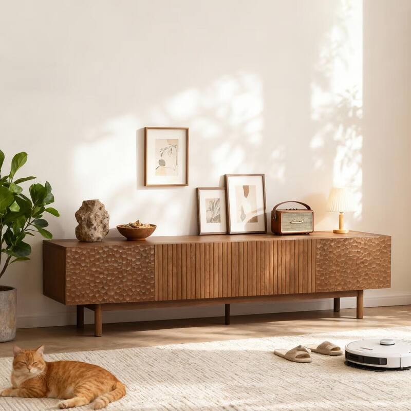 86.6'' Modern Wood TV Stand with Textured Doors & Storage, Media Console for Living Room & Bedroom, Fits TVs up to 90''