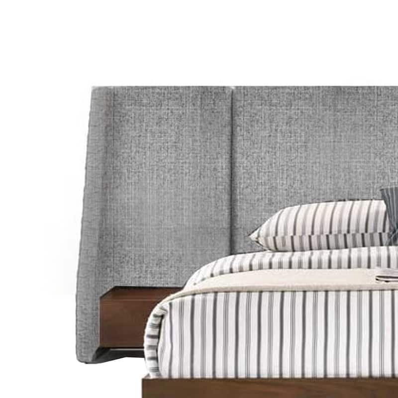 Nie Queen Bed, Gray Upholstered Wide Wall Headboard, Walnut Brown Wood