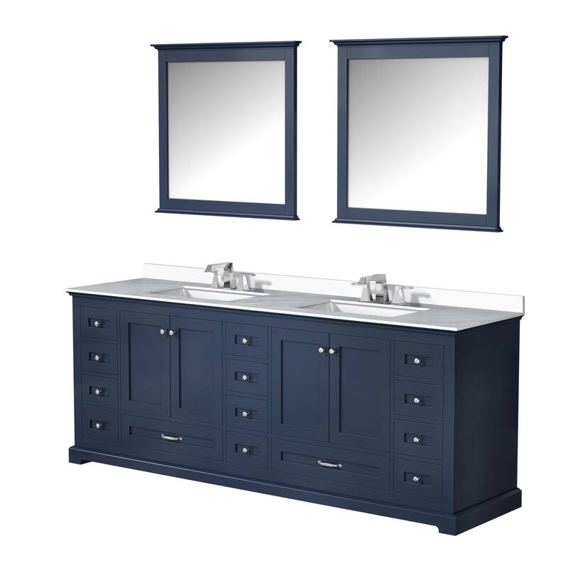 Dukes 84 in. W x 22 in. D Navy Blue Double Bath Vanity, White Quartz Top, Faucet Set, and 34 in. Mirrors