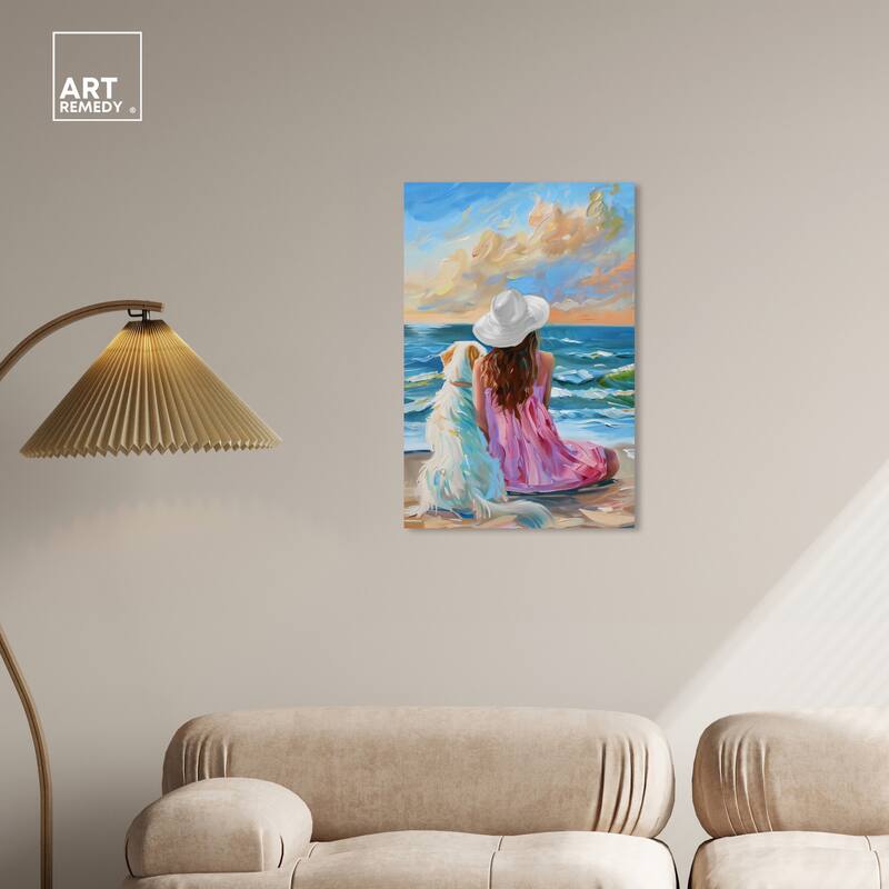 Art Remedy Girl And Her Best Friend Gallery Wrapped Colorful Coastal 1 Piece Canvas Wall Art