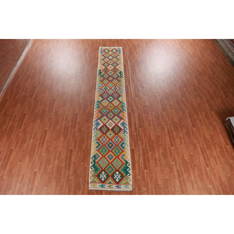 Hand Woven Oriental 100% Wool Carpet Southwestern Geometric Multi-Colored Kilim Runner Rug - 16' 1'' X 2' 9''