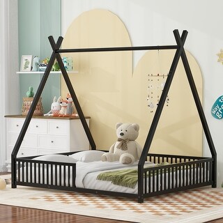 Black Full Size Metal House Platform Bed with Triangle Structure and Guardrail for Kids, Boys and Girls