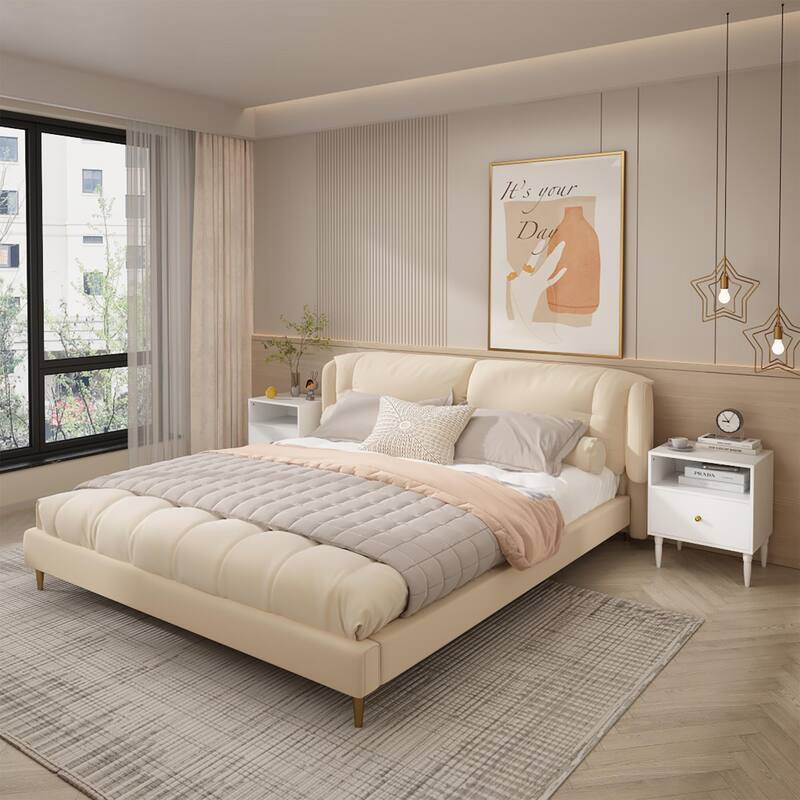 Anmytek White Nightstand with Drawer, Open Shelf, Gold Knob, Solid Wood Legs, Modern Bedside Table