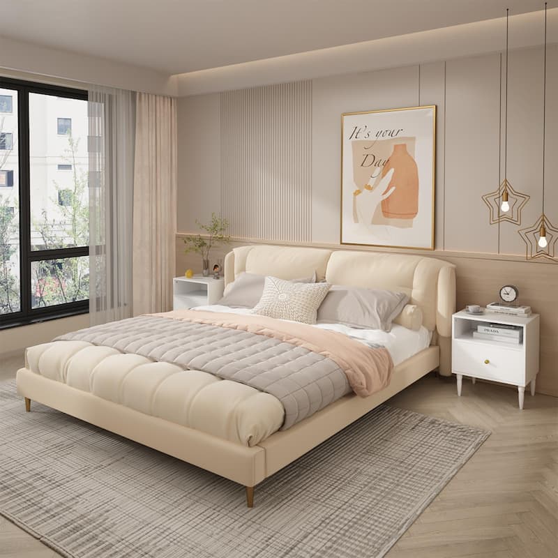 Modern Nightstand with Drawer and Open Shelf, Bedside Table with Gold Knob, Solid Wood Legs, Small End Table for Bedroom