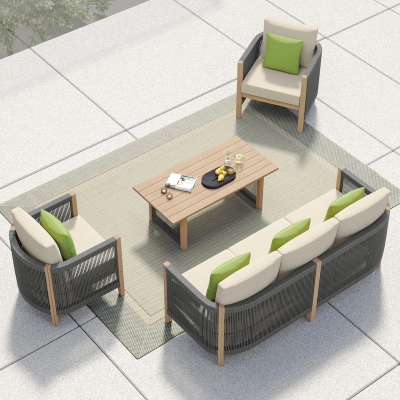 Corvus Iona 4-piece Patio Eucalyptus Wood and Rope Sofa Seating Set with Sunbrella Fabric
