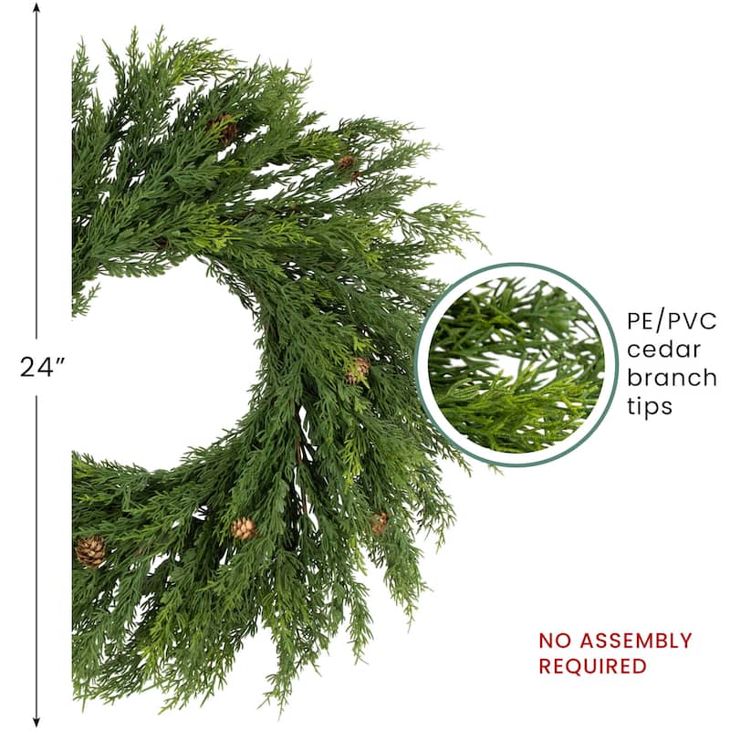 24" Soft Green Cedar Artificial Christmas Wreath with Pine Cones Unlit
