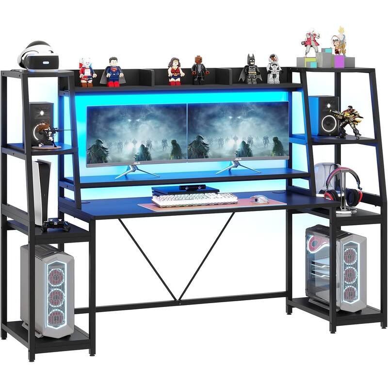 Gaming Desk with Storage Shelves and LED Lights