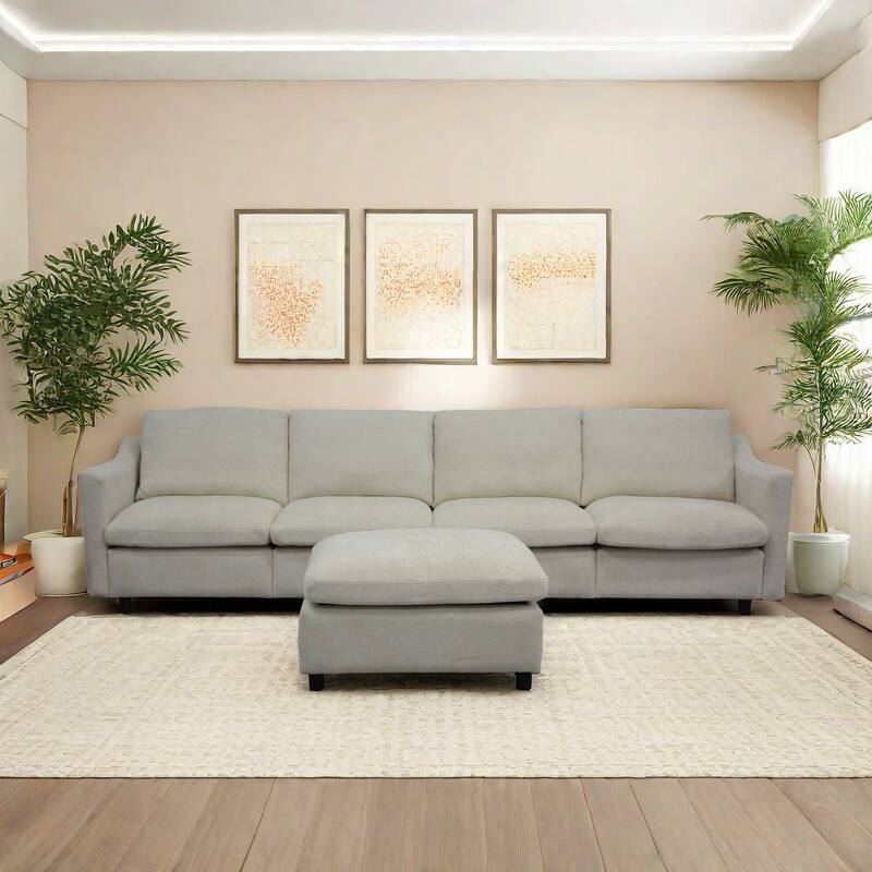 4-Seater Modern Beige Fabric Modular Sofa with Ottoman, Armrest Pockets and 4 Pillows