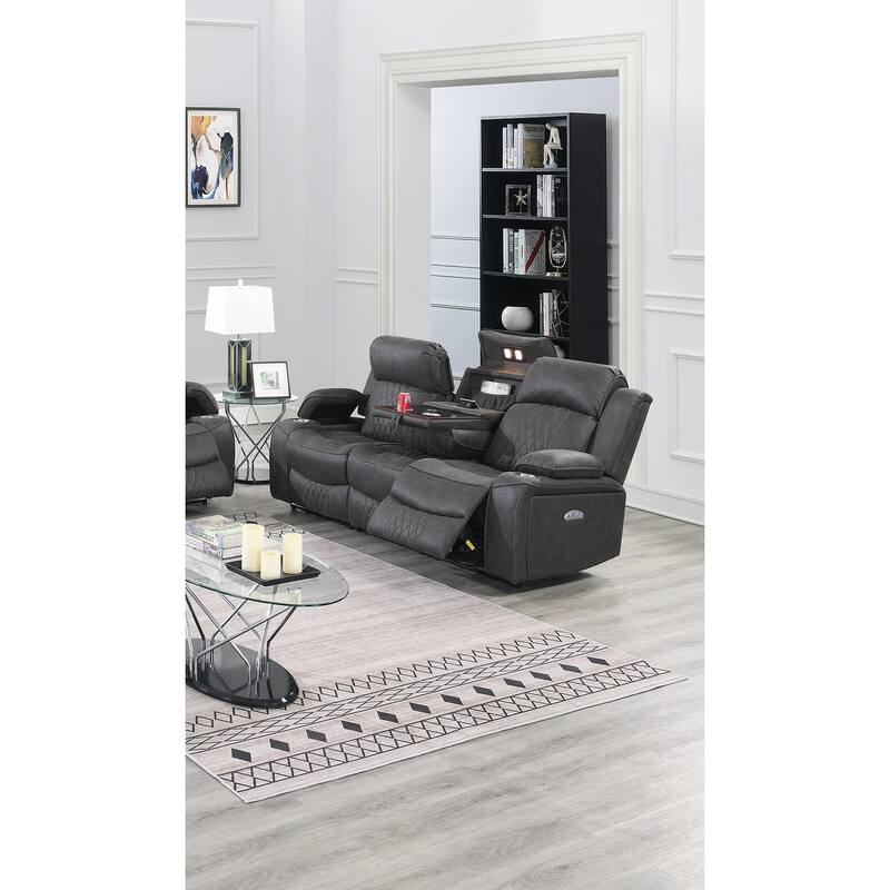 Contemporary Charcoal Gel Leatherette Power Motion Sofa with Storage Arms and Cup Holder - Multi-Color