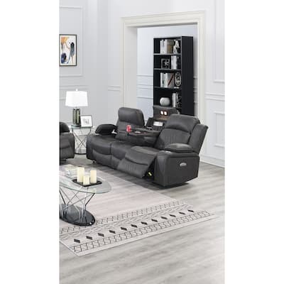 Contemporary Charcoal Gel Leatherette Power Motion Sofa with Storage Arms and Cup Holder