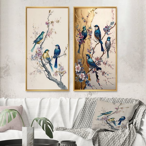 slide 2 of 8, Designart "Multicolor Birds On Plum Blossoms Tree" Bird Framed Wall Set Of 2 For Home Decor 24 in. wide x 20 in. high - Gold
