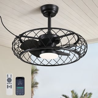 24 in. Smart Outdoor Black Cage Plug-in Chandelier Ceiling Fan with Dimmable LED Lights - 24 inch