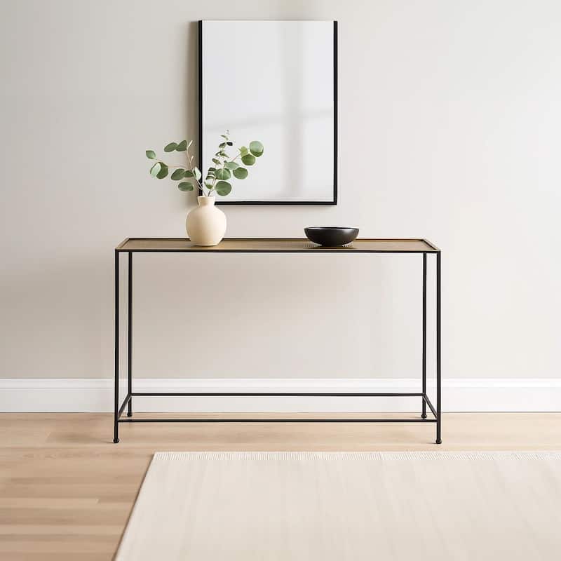 Aurelia 48 Inch Console Sofa Table, Artisanal Hammered Antique Bronze Tray Top, Industrial Black Iron Frame