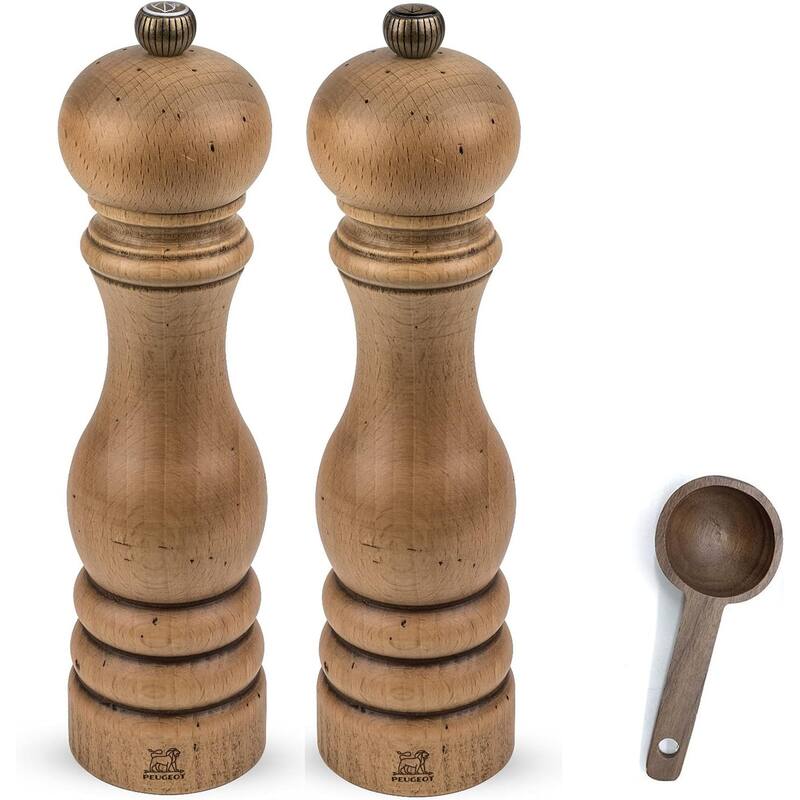 eugeot Paris Classic Collection Antique Salt & Pepper Mill Natural - With Wooden Spice Scoop (8-3/4 Inches) - Brown - 3 Piece