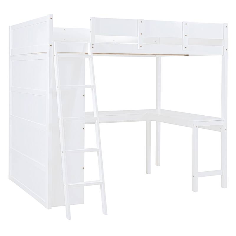 Full Size Wood Loft Bed with Desk and Shelf,Guardrail