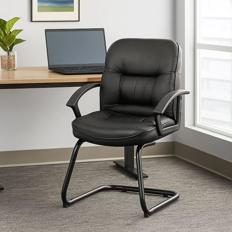 Mala Mid Back Guest Chair, Black Faux Leather, Lumbar Support