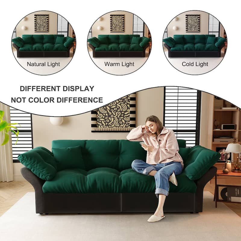 74.8" Velvet 3-in-1 Convertible Queen Sleeper Sofa with Pull-Out Bed and 2 Pillows, Multi-Functional Loveseat