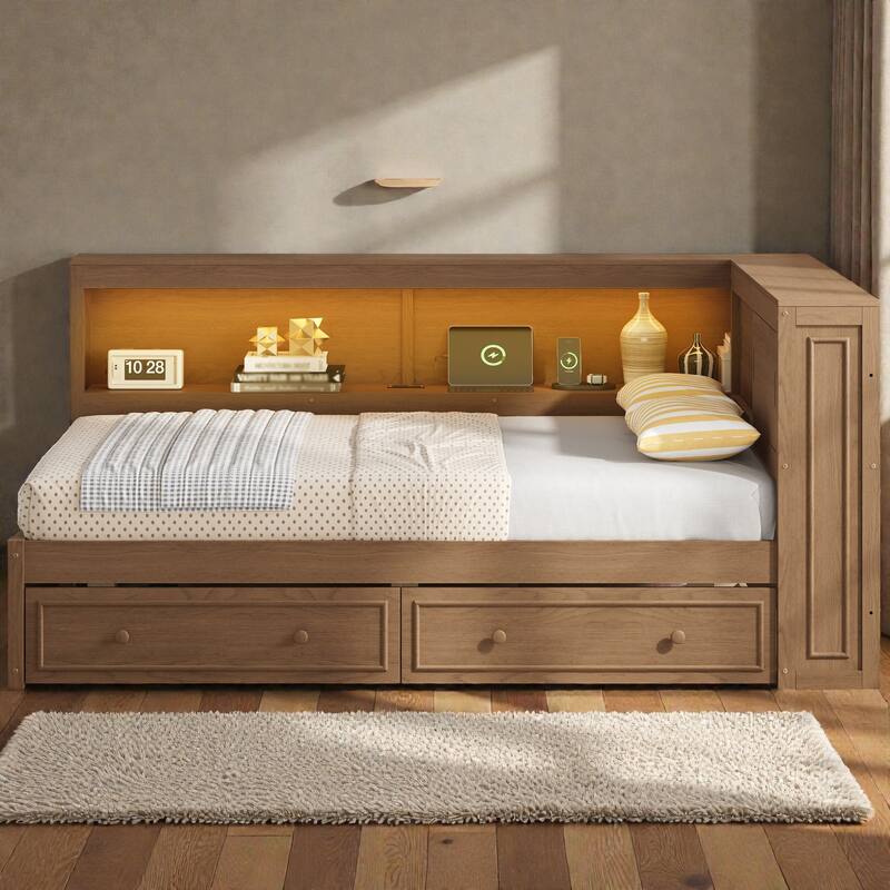 Full Size Wood Daybed with Storage Shelves and 2 Drawers, LED Light, USB Charging Station, Solid Wood Frame