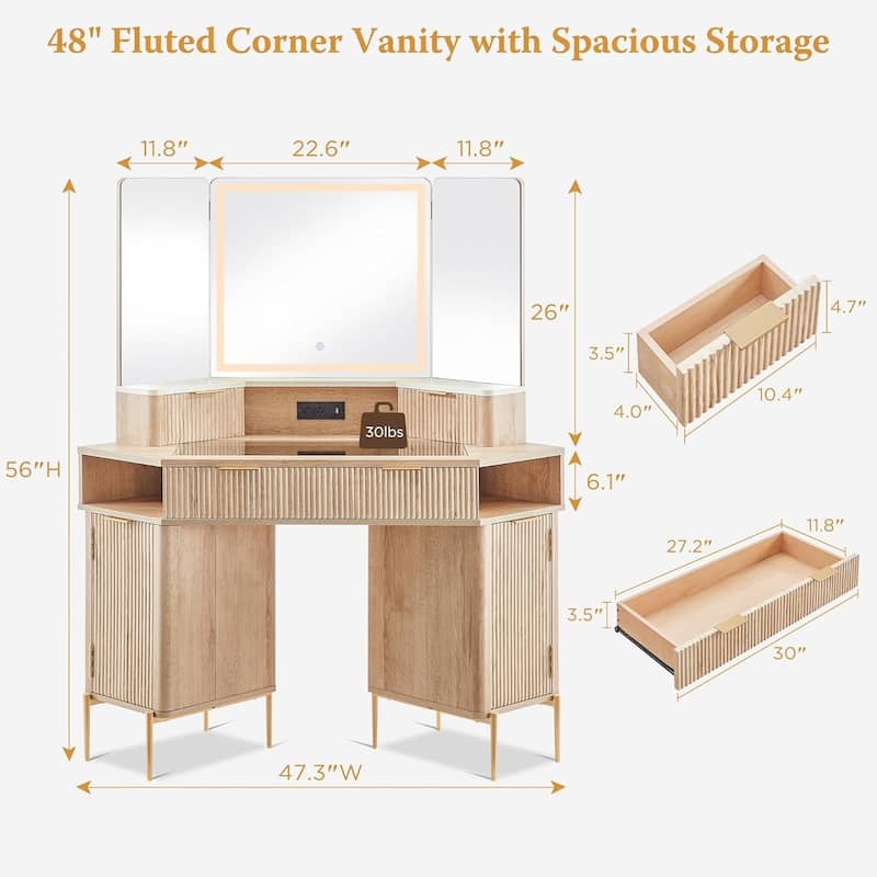Modern Fluted Makeup Vanity Desk with 3 Way Mirror&Light, Vanity Table