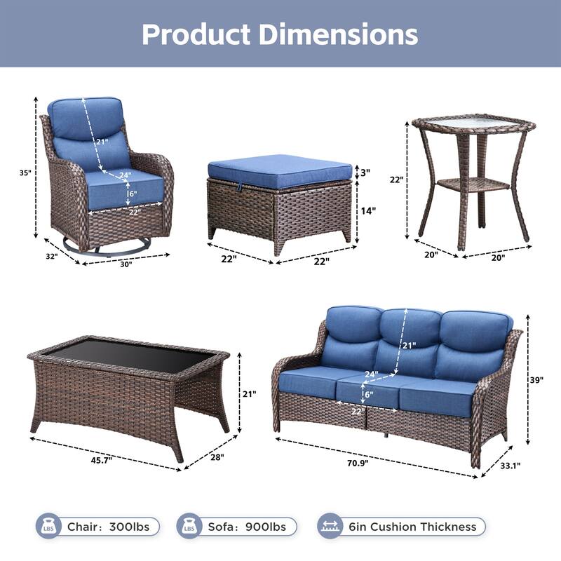 Meyreso 7-Piece Wicker Patio Conversation Set with Swivel Gliders and 6-Inch Thick Cushions