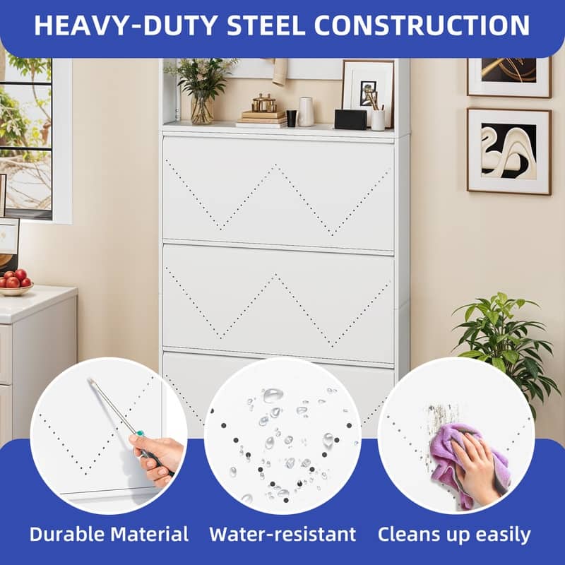 Moasis Wall-Mounted Shoe Cabinet with 3 Flip Drawers, Shoe Organizer with Hanging Bars and Hooks