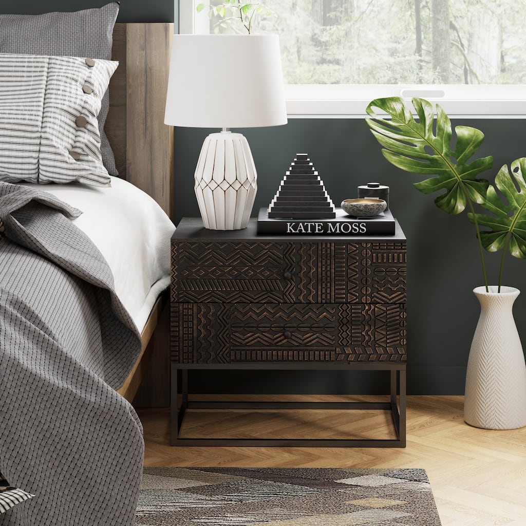 COZAYH Contemporary Black Wood Nightstand with Geometric Carved Front, 2-Drawer Bedside Table with Metal Frame