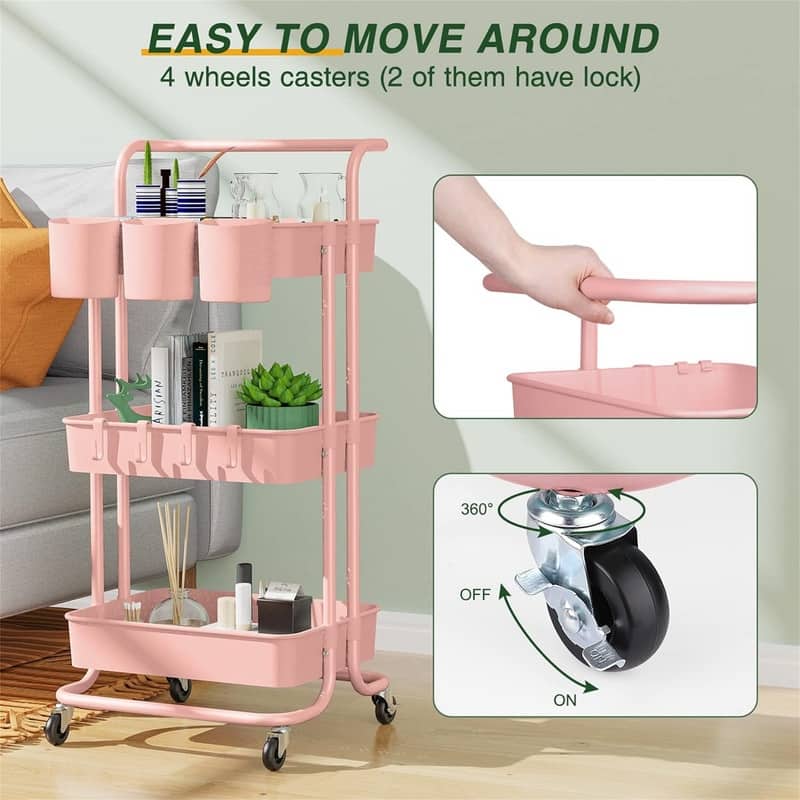 3Tier Rolling Mobile Utility Cart with Hanging Cups - 13"D x 16.5"W x 33"H