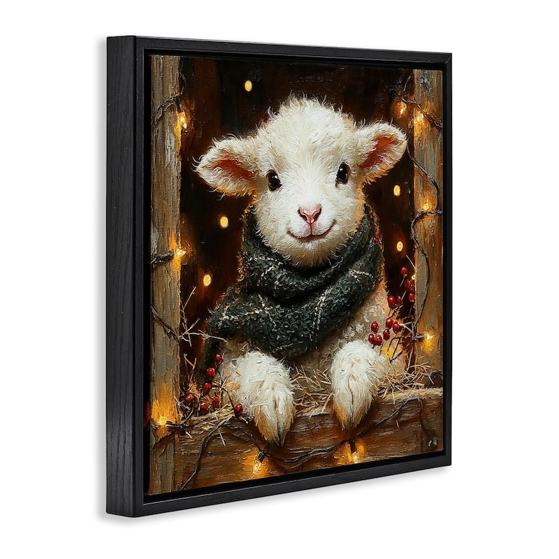 Stupell Festive Lamb with Holiday Lights Framed Floater Canvas Wall Art Design By Riley B