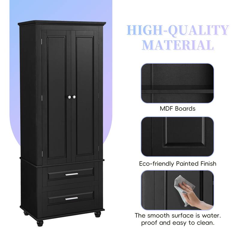 Black Tall Storage Cabinet Bathroom Freestanding Cupboard with 2 Doors, 4 Round Feet and 2 Drawers, Pantry Storage