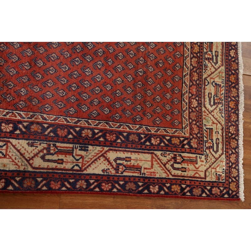 Red Boteh Botemir Persian Wool Runner Rug Hand-knotted Hallway Carpet - 3'6" x 9'10"