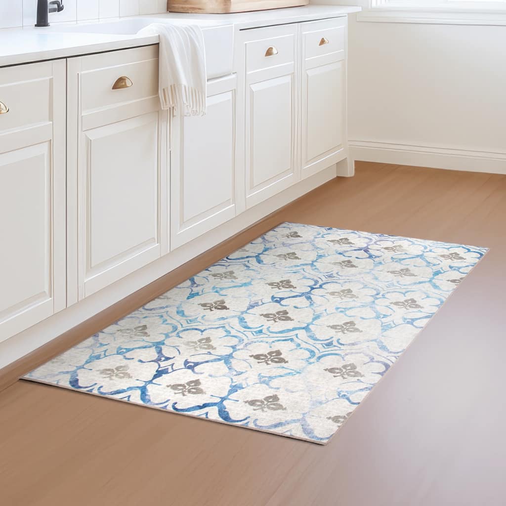 My Magic Carpet Machine Washable Area Rug Leilani Damask Beige Blue