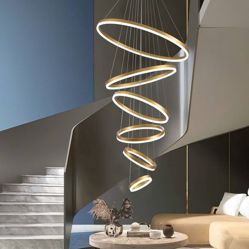 Modern Ring LED Chandelier Ring Adjustable Ceiling Light with Remote Control for High Ceilings