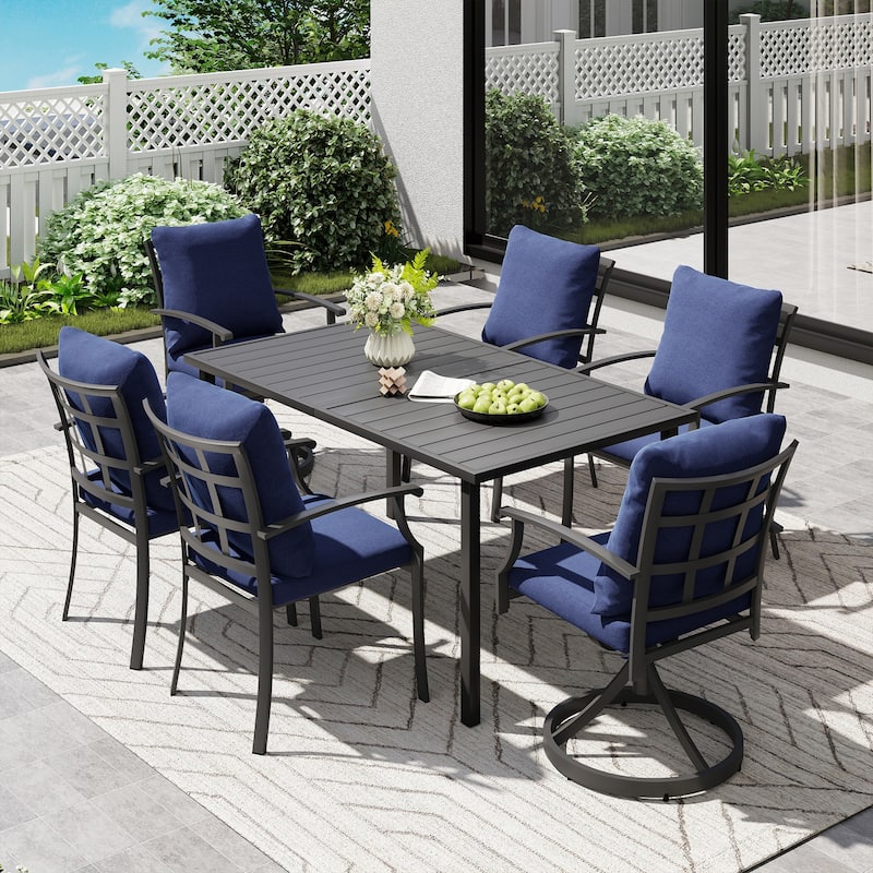 IvyGlow 7-Piece Black Metal Patio Dining Set with Rectangular Table, 2 Swivel Dining Chairs and Gray Cushions