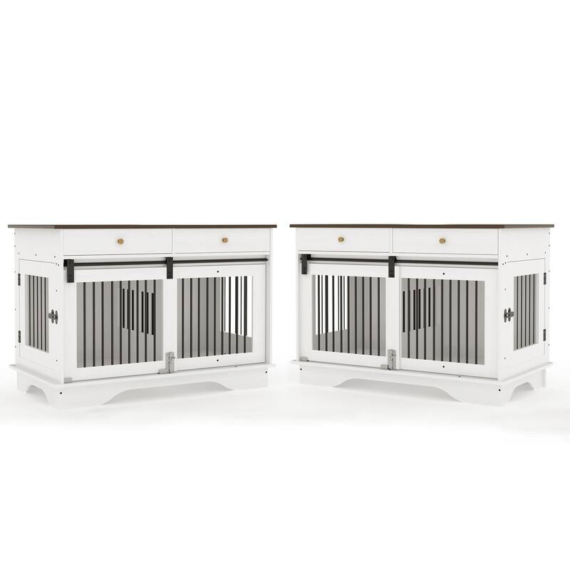 47" Dog Crate Furniture,Dog Crate Table with Drawers & Divider - White_2pack