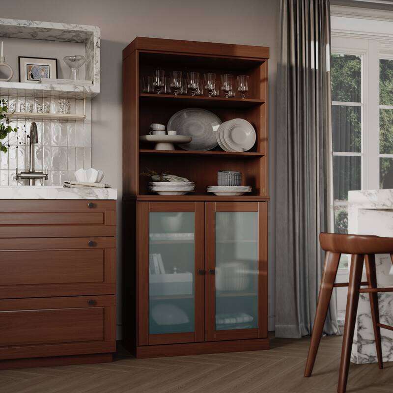100% Solid Wood 32" Kitchen Pantry Cabinet with 2 Doors by Palace Imports - Mocha - Frosted Glass