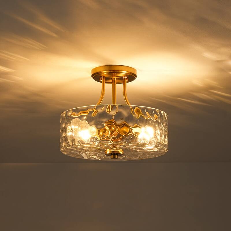 Nickel 2-Light Water Glass Round Semi Flush Ceiling Light - 11.8in
