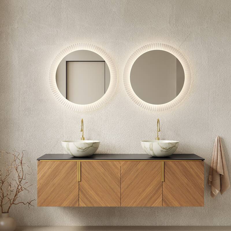 Wall-Mounted Bathroom Vanity with Round Ceramic Sink - 59.84'' x 19.69'' x 21.69'' - Brown Oak and Stone White