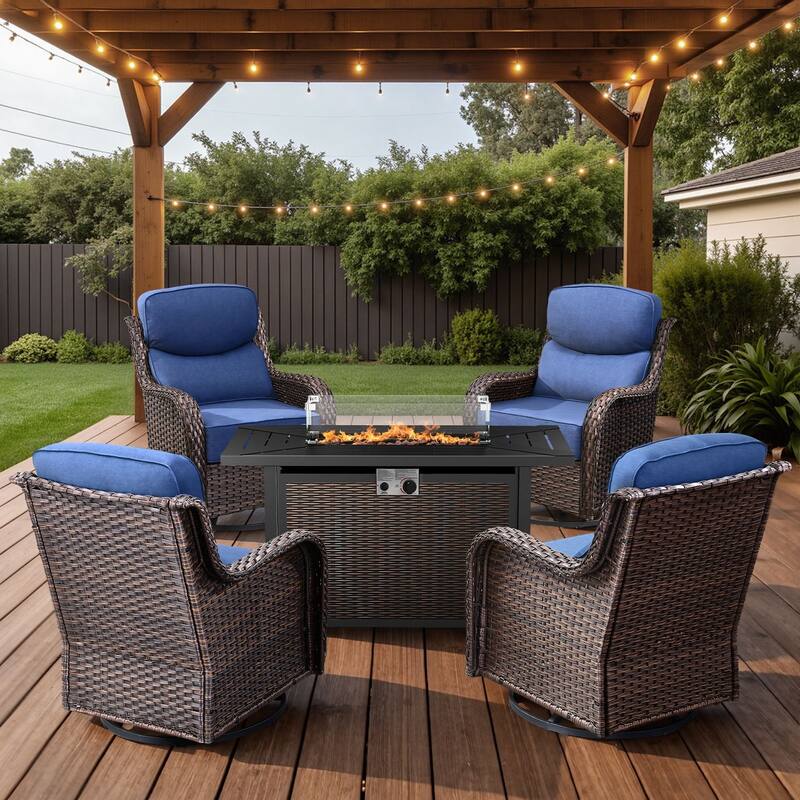 Arcadia 5-Piece Wicker Patio Set with 4 Swivel Glider Chairs and All-Iron Fire Pit