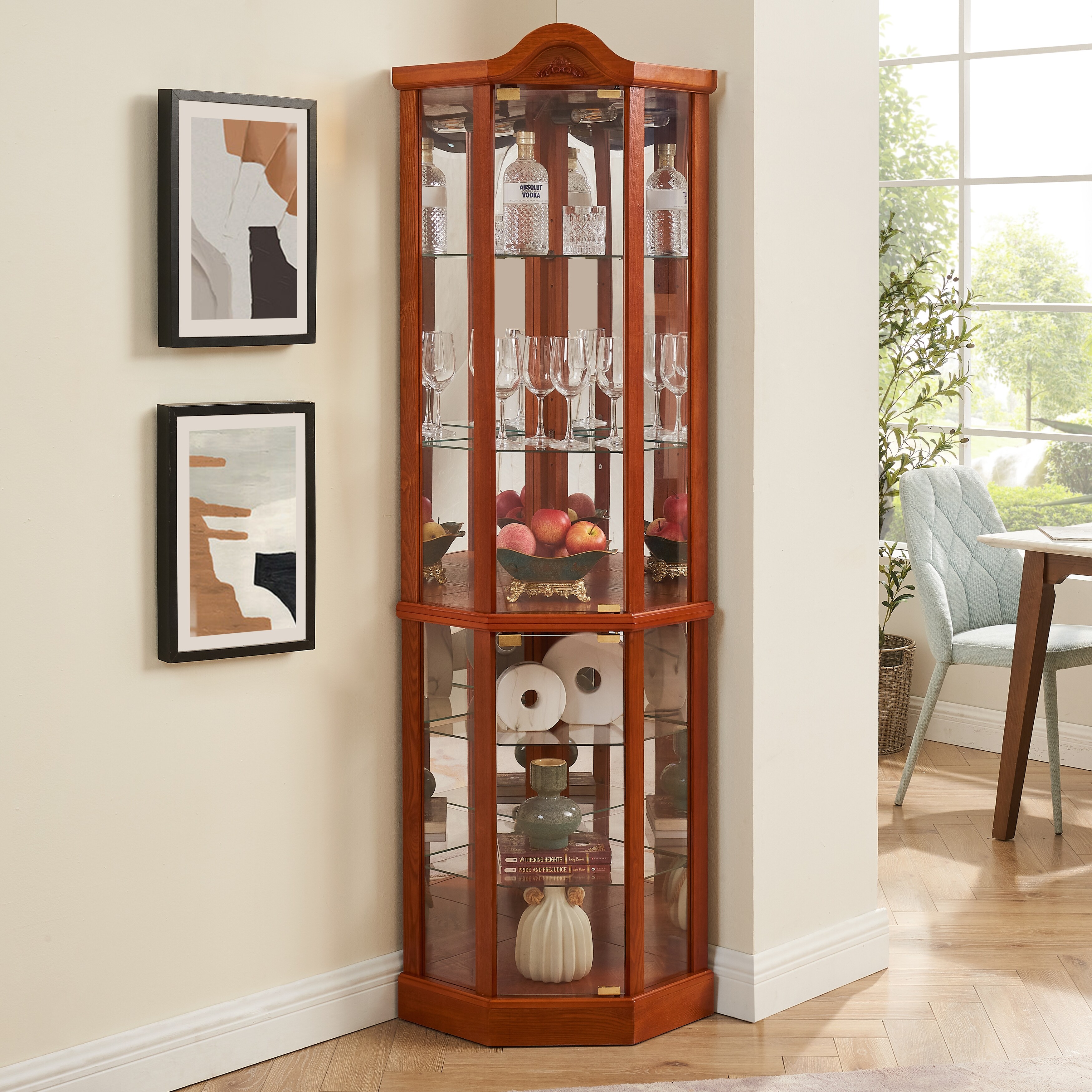 Antique Glass Curio Cabinet with Shelves & Lighting - Oak - Bed