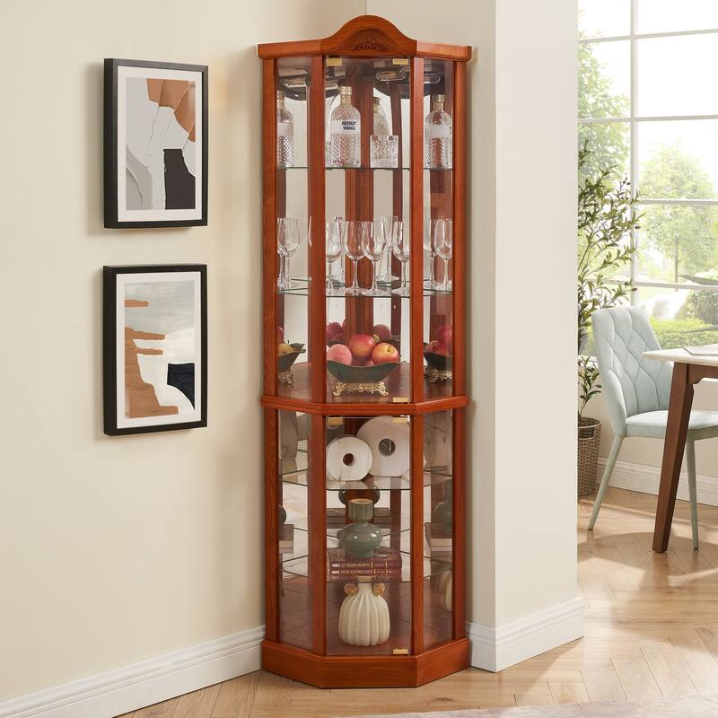 Glass Cabinet Lighted Corner Cabinet Corner Display Curio Cabinet, Glass Display With Light (Included) Bar Cabinet