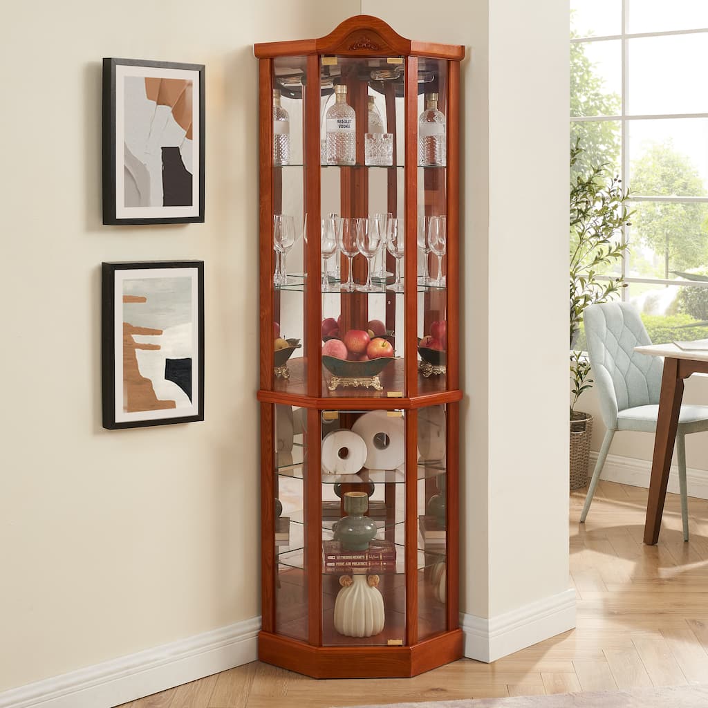Vintage Style Glass Display Cabinet with Carved Decoration & Adjustable Shelves for Storage